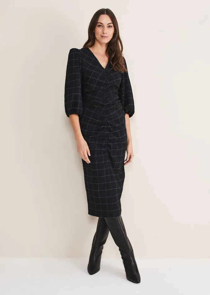 Addison Check Ruched Dress Blackblue Women Phase Eight Dresses