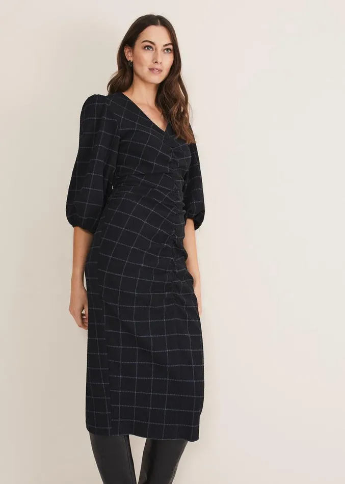 Addison Check Ruched Dress Blackblue Women Phase Eight Dresses