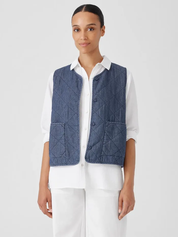 Airy Organic Cotton Twill Quilted Vest Denim Women Eileen Fisher Jackets Coats and Vests Airy Organic Cotton Twill Quilted Vest Denim Women Eileen Fisher Jackets Coats and Vests