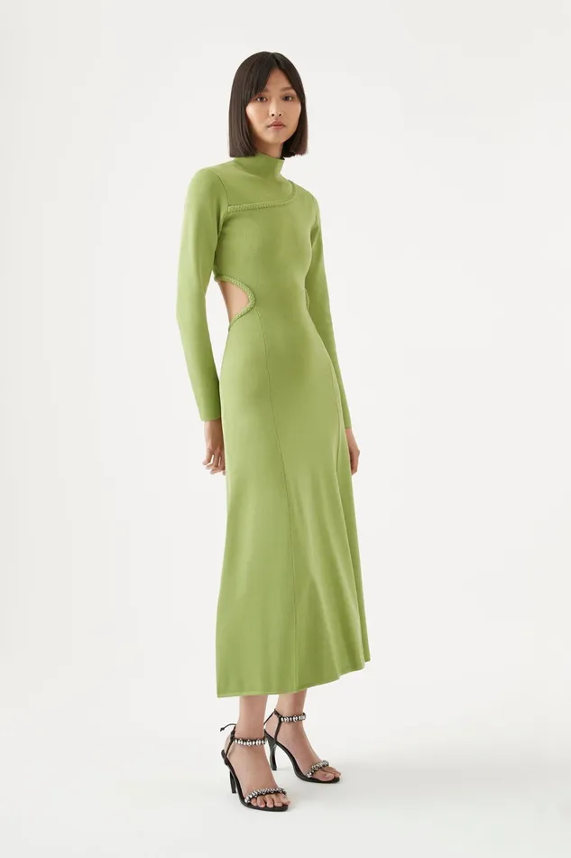 Aje Amelie Braided Cut Out Knit Dress Verdant Green Women Body and Crepe Knit