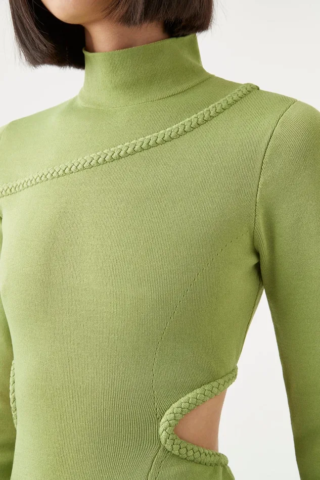 Aje Amelie Braided Cut Out Knit Dress Verdant Green Women Body and Crepe Knit