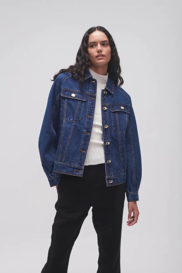 Aje Colorado Denim Jacket Washed Indigo Women Blazers Jackets and Coats