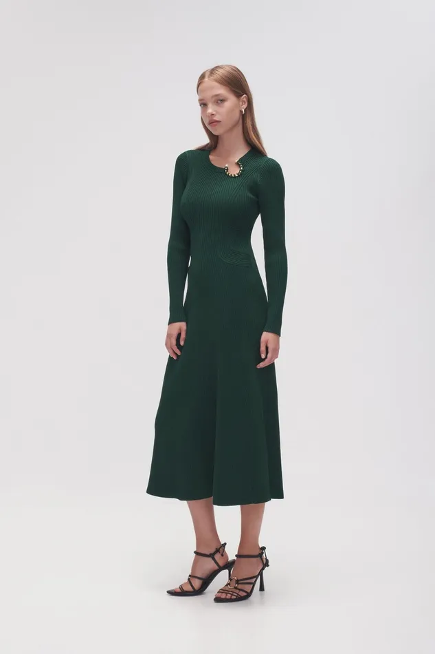 Aje Crescent Knit Midi Dress Forest Green Women Body and Crepe Knit