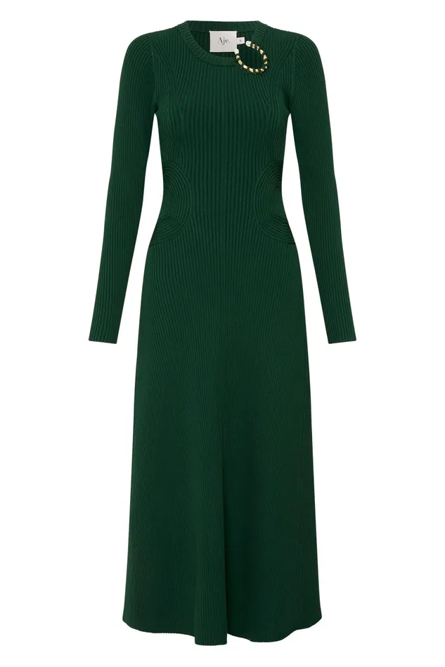 Aje Crescent Knit Midi Dress Forest Green Women Body and Crepe Knit