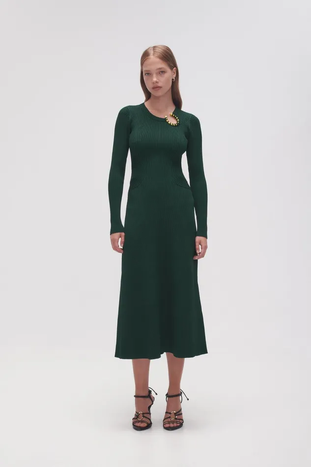 Aje Crescent Knit Midi Dress Forest Green Women Body and Crepe Knit