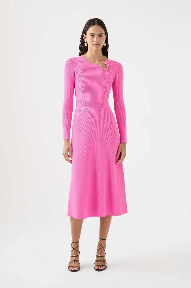 Aje Crescent Knit Midi Dress Protea Pink Women Dresses