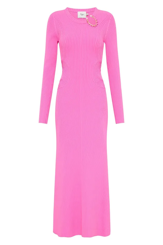 Aje Crescent Knit Midi Dress Protea Pink Women Dresses