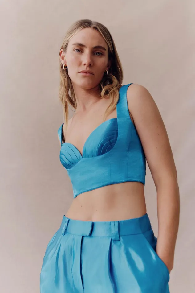 Aje Elation Pleated Bralette Azure Blue Women Tops