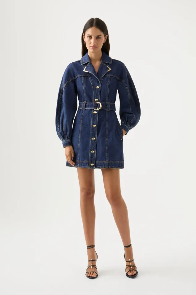 Aje Elena Belted Denim Mini Dress Washed Indigo Women Dresses