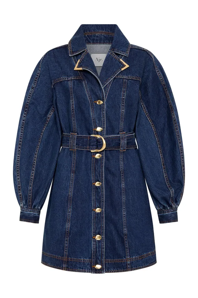 Aje Elena Belted Denim Mini Dress Washed Indigo Women Dresses