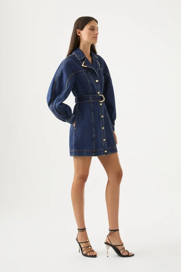 Aje Elena Belted Denim Mini Dress Washed Indigo Women Dresses