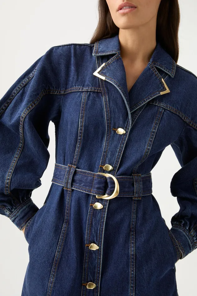 Aje Elena Belted Denim Mini Dress Washed Indigo Women Dresses