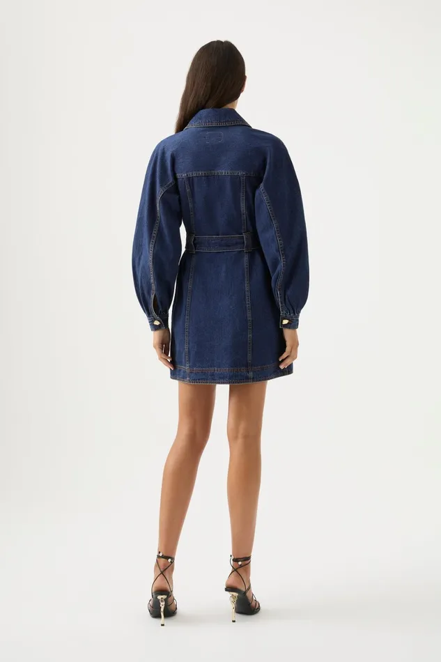 Aje Elena Belted Denim Mini Dress Washed Indigo Women Dresses
