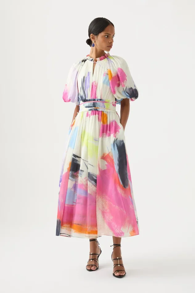 Aje Elysium Blouson Midi Dress Abstract Sunset Women Dresses