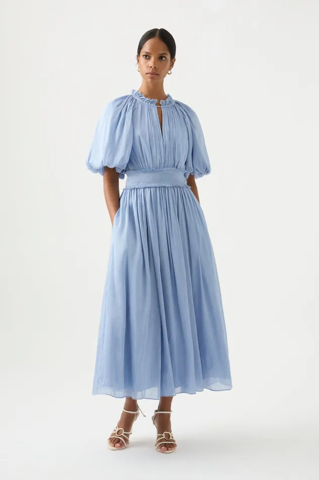 Aje Elysium Blouson Midi Dress Steel Blue Women Dresses