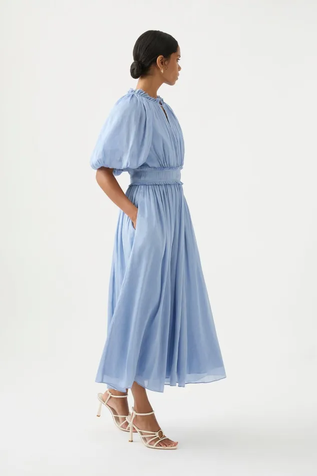 Aje Elysium Blouson Midi Dress Steel Blue Women Dresses