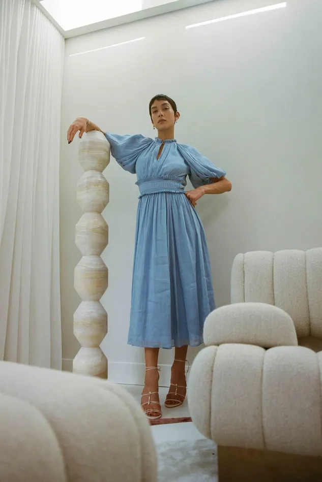 Aje Elysium Blouson Midi Dress Steel Blue Women Dresses