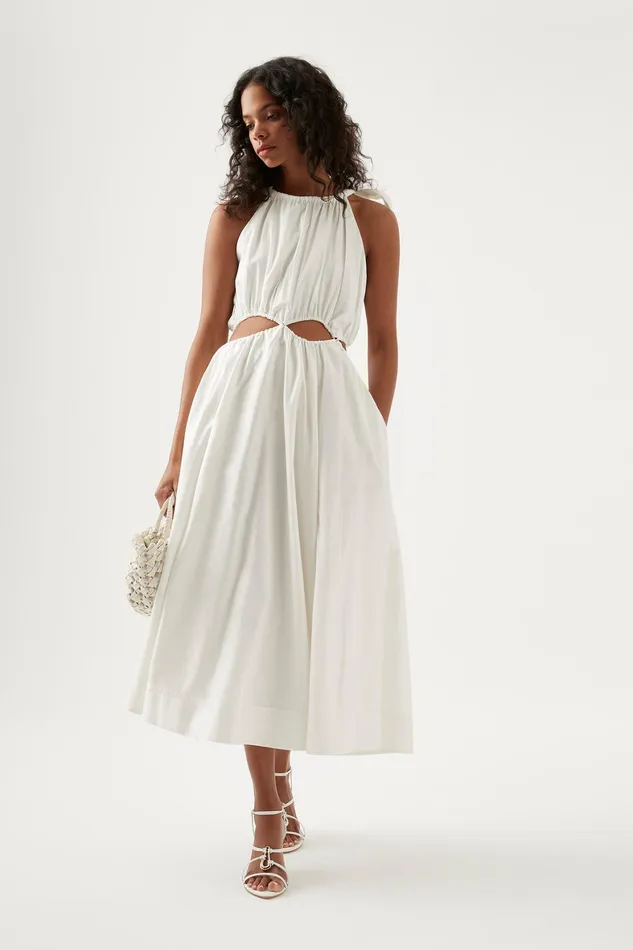 Aje Henriette Tie Strap Midi Dress Ivory Women Dresses