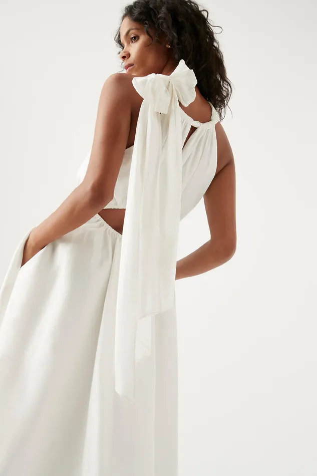 Aje Henriette Tie Strap Midi Dress Ivory Women Dresses