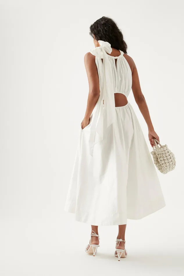 Aje Henriette Tie Strap Midi Dress Ivory Women Dresses