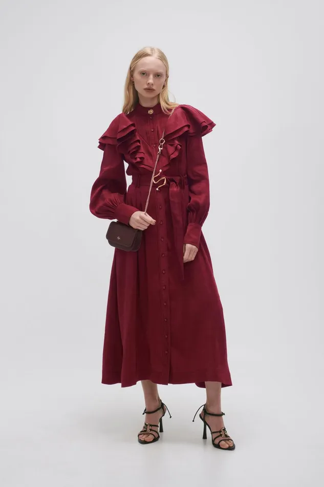 Aje Isabella Belted Midi Dress Mahogany Red Women Dresses
