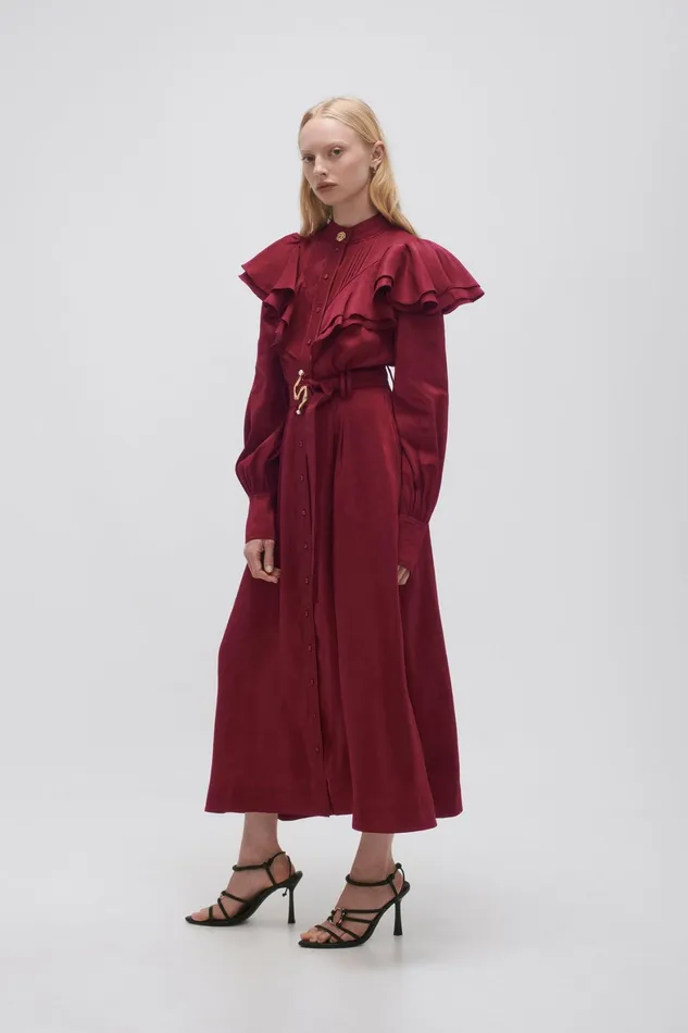 Aje Isabella Belted Midi Dress Mahogany Red Women Dresses