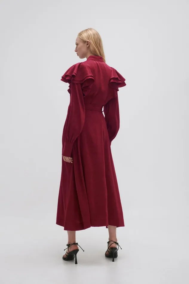 Aje Isabella Belted Midi Dress Mahogany Red Women Dresses