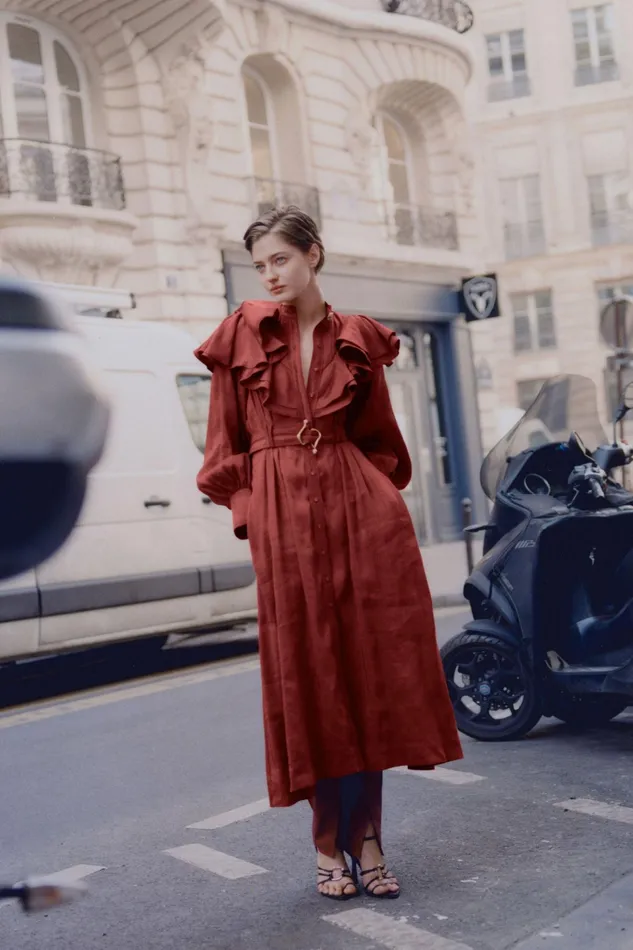 Aje Isabella Belted Midi Dress Mahogany Red Women Dresses