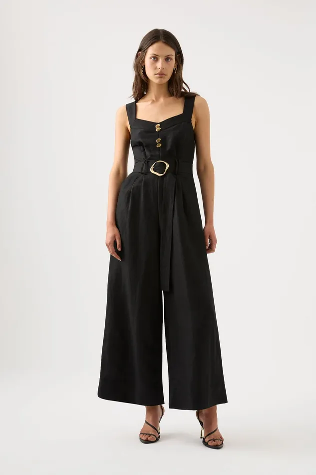 Aje Maya Pintuck Wide Leg Jumpsuit Black Women Playsuits and Jumpsuits