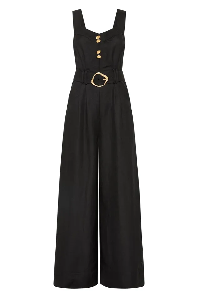 Aje Maya Pintuck Wide Leg Jumpsuit Black Women Playsuits and Jumpsuits