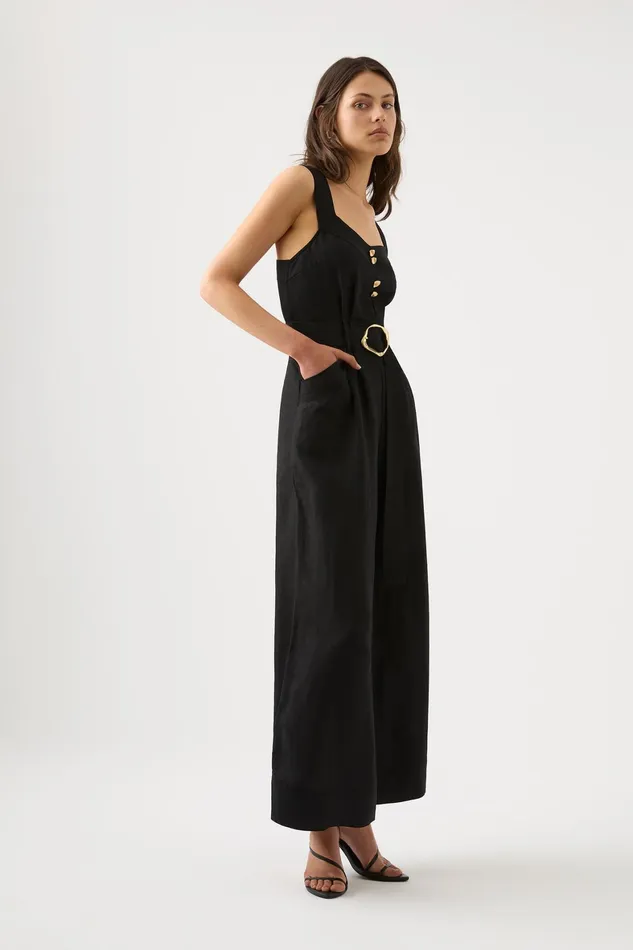 Aje Maya Pintuck Wide Leg Jumpsuit Black Women Playsuits and Jumpsuits