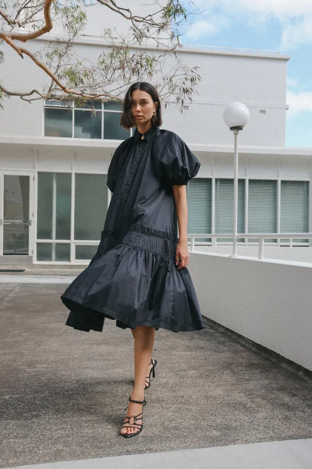 Aje Novella Midi Smock Dress Black Women Dresses