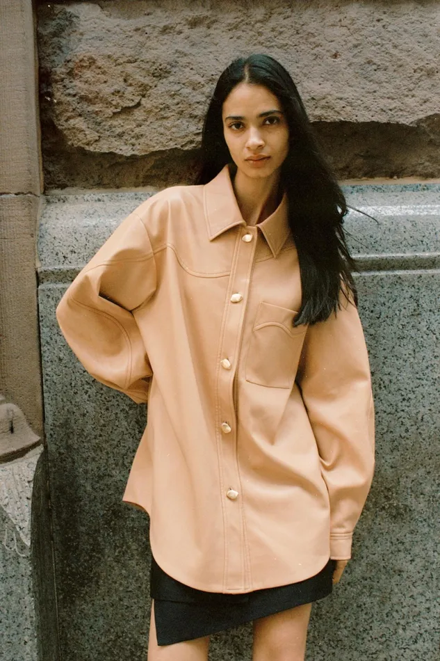 Aje Priscilla Scalloped Shacket Sand Beige Women Tops