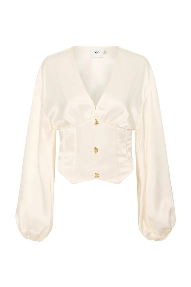 Aje Spirit Corsetted Blouse Coconut Cream Women Tops
