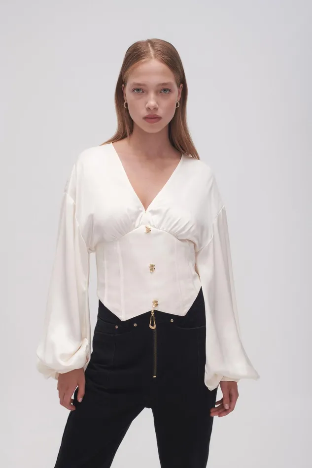 Aje Spirit Corsetted Blouse Coconut Cream Women Tops