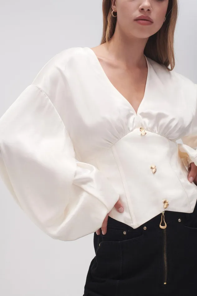 Aje Spirit Corsetted Blouse Coconut Cream Women Tops