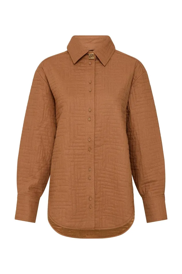 Aje Surrealist Quilted Shacket Tawny Brown Women Tops