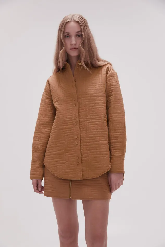 Aje Surrealist Quilted Shacket Tawny Brown Women Tops