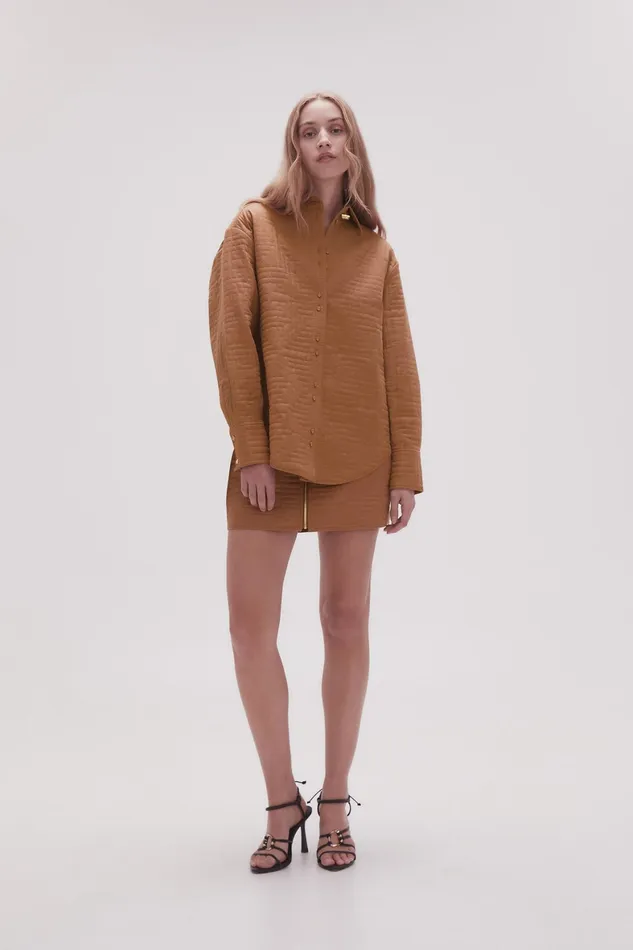 Aje Surrealist Quilted Shacket Tawny Brown Women Tops