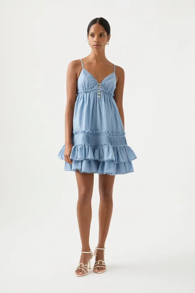 Aje Talia Flounce Mini Dress Steel Blue Women Dresses