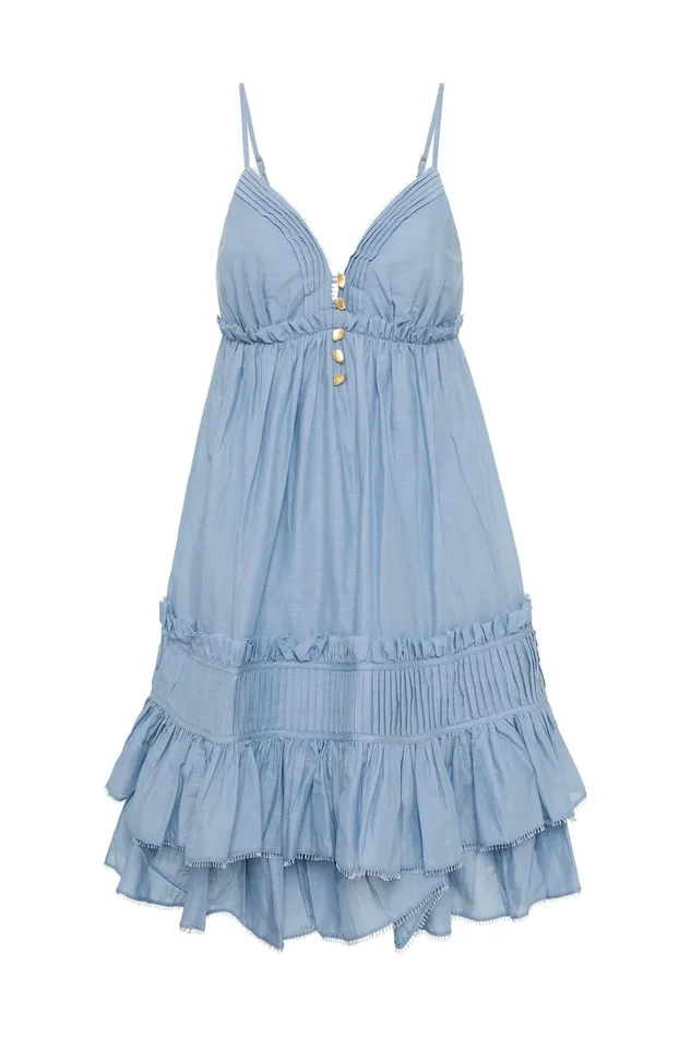 Aje Talia Flounce Mini Dress Steel Blue Women Dresses