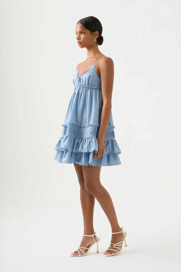 Aje Talia Flounce Mini Dress Steel Blue Women Dresses