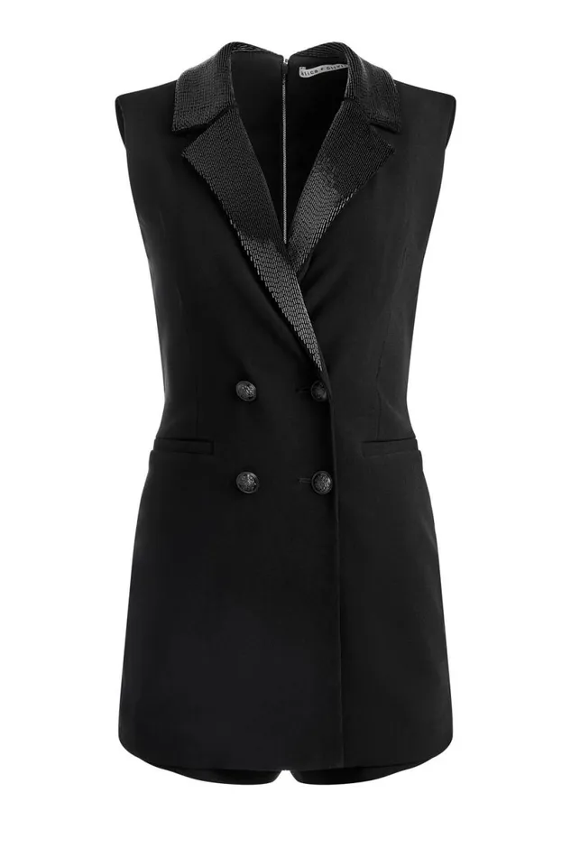 Alice Olivia Carlena Tuxedo Romper Black Women Jumpsuits