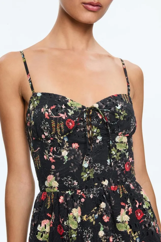 Alice Olivia Daisy Tie Front Tiered Ruffle Mini Dress Blush Kiss Black Women Dresses