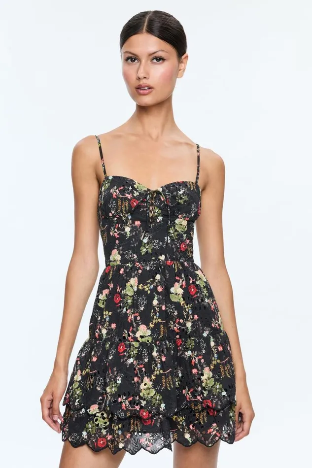 Alice Olivia Daisy Tie Front Tiered Ruffle Mini Dress Blush Kiss Black Women Dresses