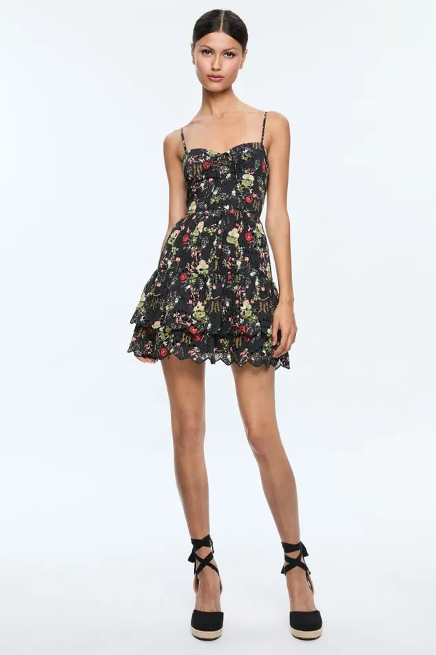 Alice Olivia Daisy Tie Front Tiered Ruffle Mini Dress Blush Kiss Black Women Dresses
