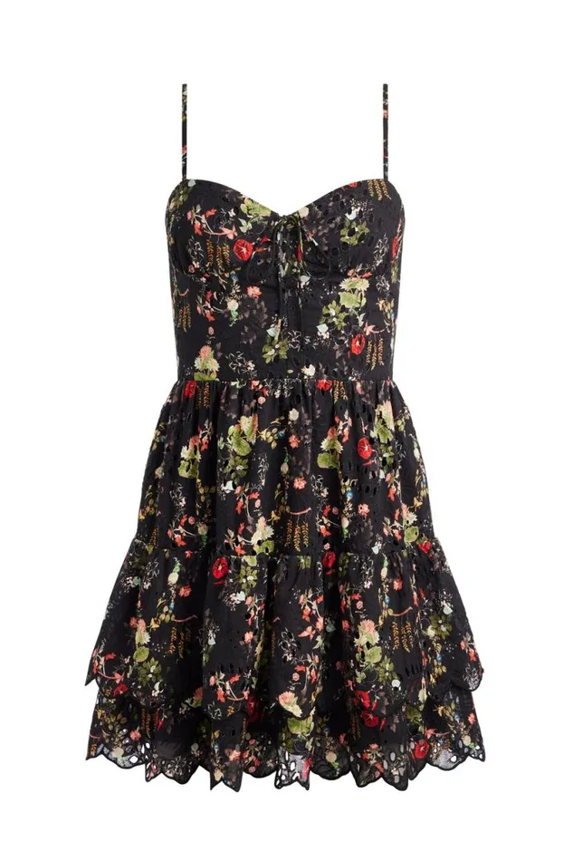 Alice Olivia Daisy Tie Front Tiered Ruffle Mini Dress Blush Kiss Black Women Dresses