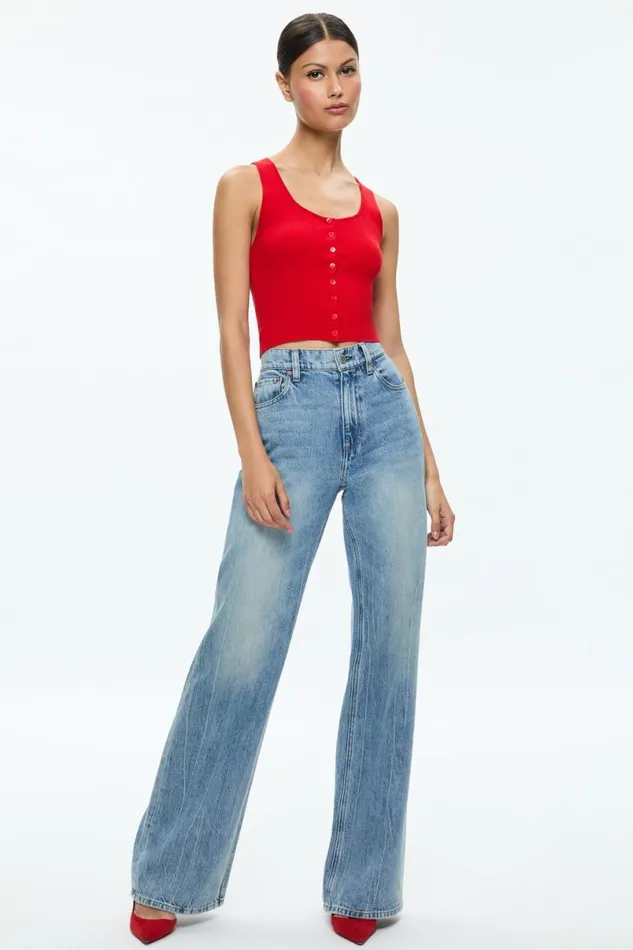 Alice Olivia Daryn Button Through Cropped Tank Red Apple Women Tops