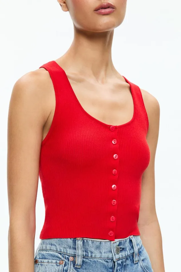 Alice Olivia Daryn Button Through Cropped Tank Red Apple Women Tops