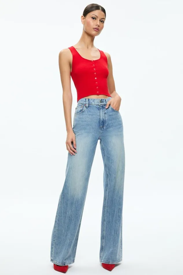 Alice Olivia Daryn Button Through Cropped Tank Red Apple Women Tops